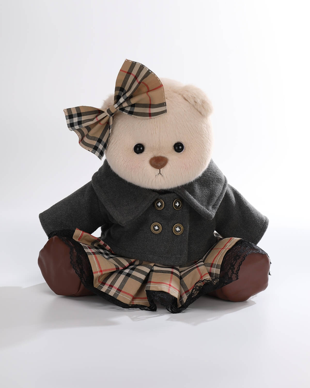 Milk Tea Short Hair Bear & Vintage Gray Coat Set - 12 Inches