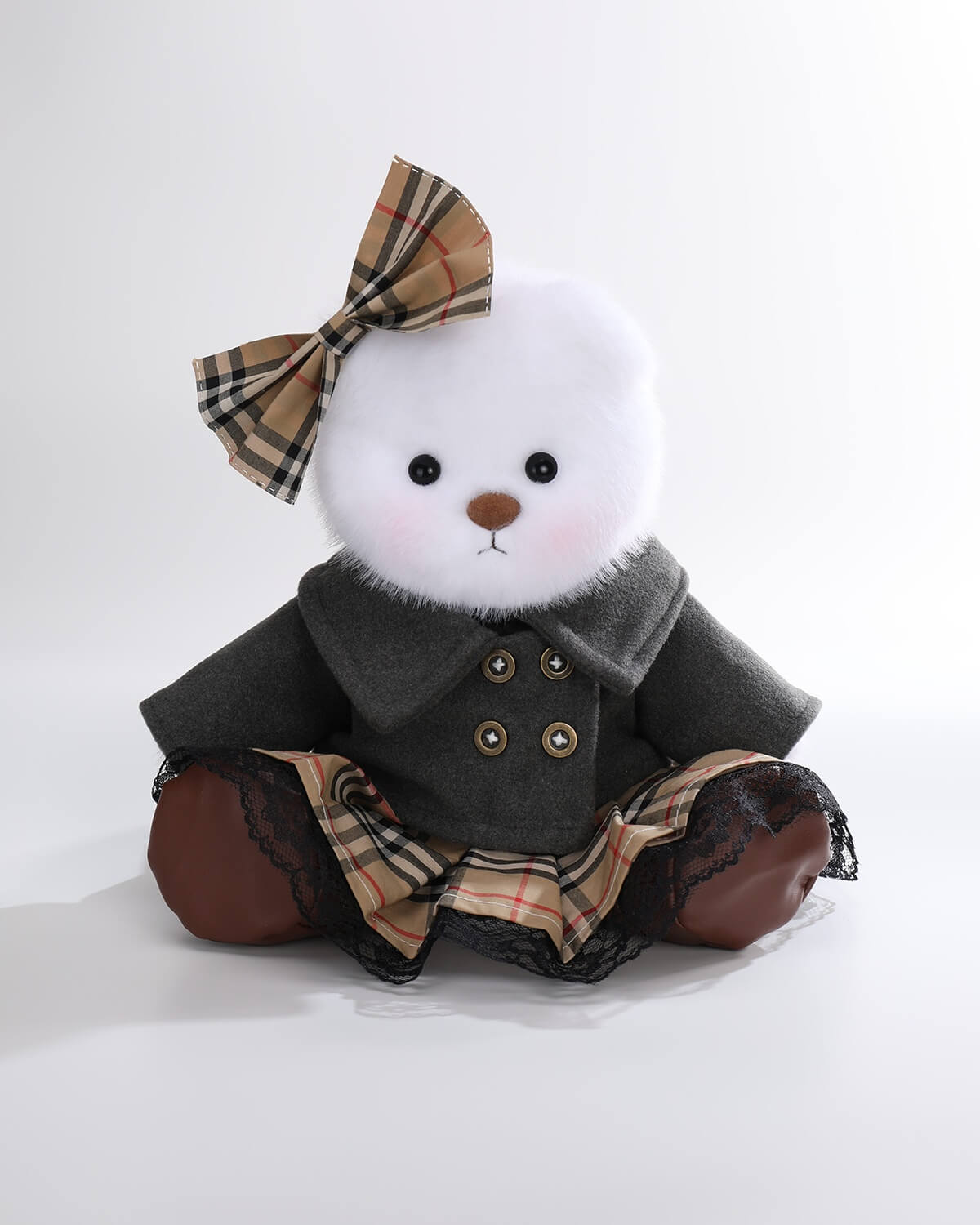 White Long Hair Bear & Vintage Gray Coat Set - 12 Inches