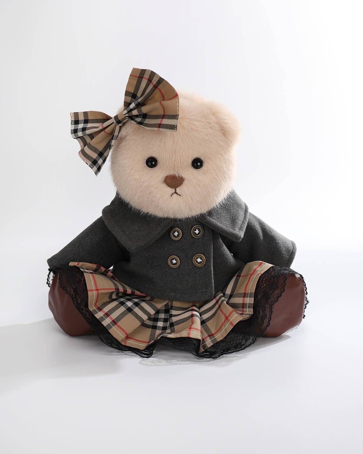 Milk Tea Long Hair Bear & Vintage Gray Coat Set - 12 Inches