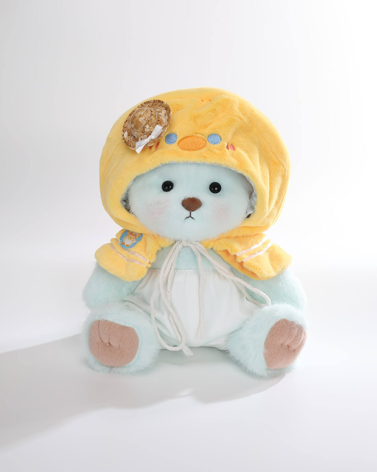Mint Blue Long Hair Bear & Straw Hat Duck Cape - 12 Inches