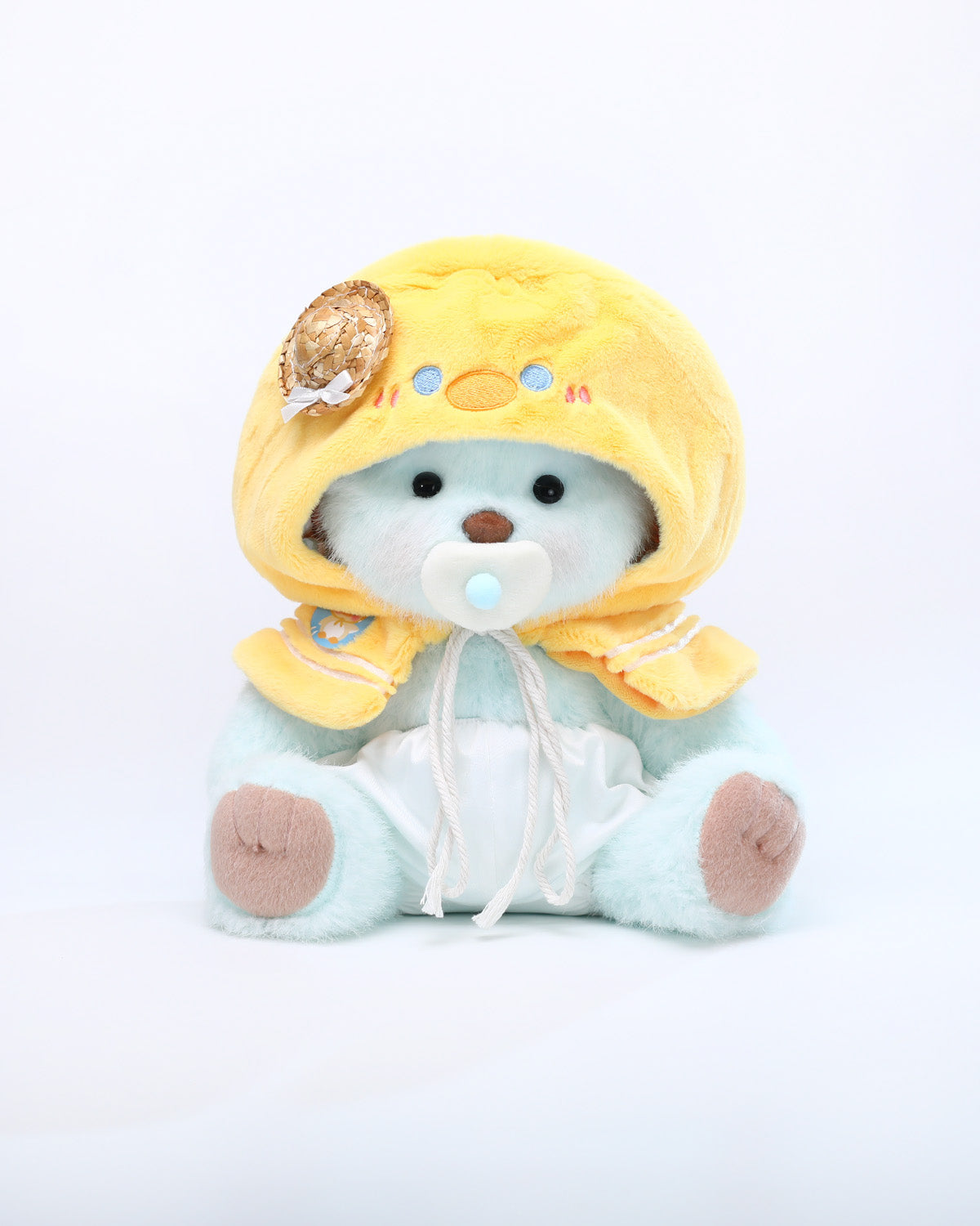 Mint Blue Long Hair Bear & Straw Hat Duck Cape - 12 Inches