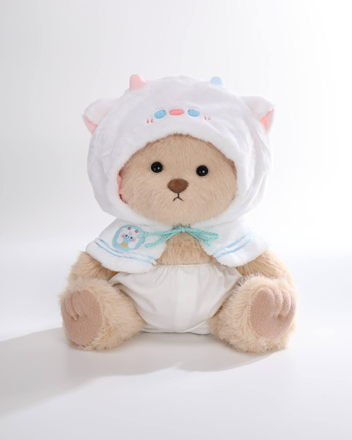 Milk Tea Long Hair Bear & White Sheep Cape - 12 Inches