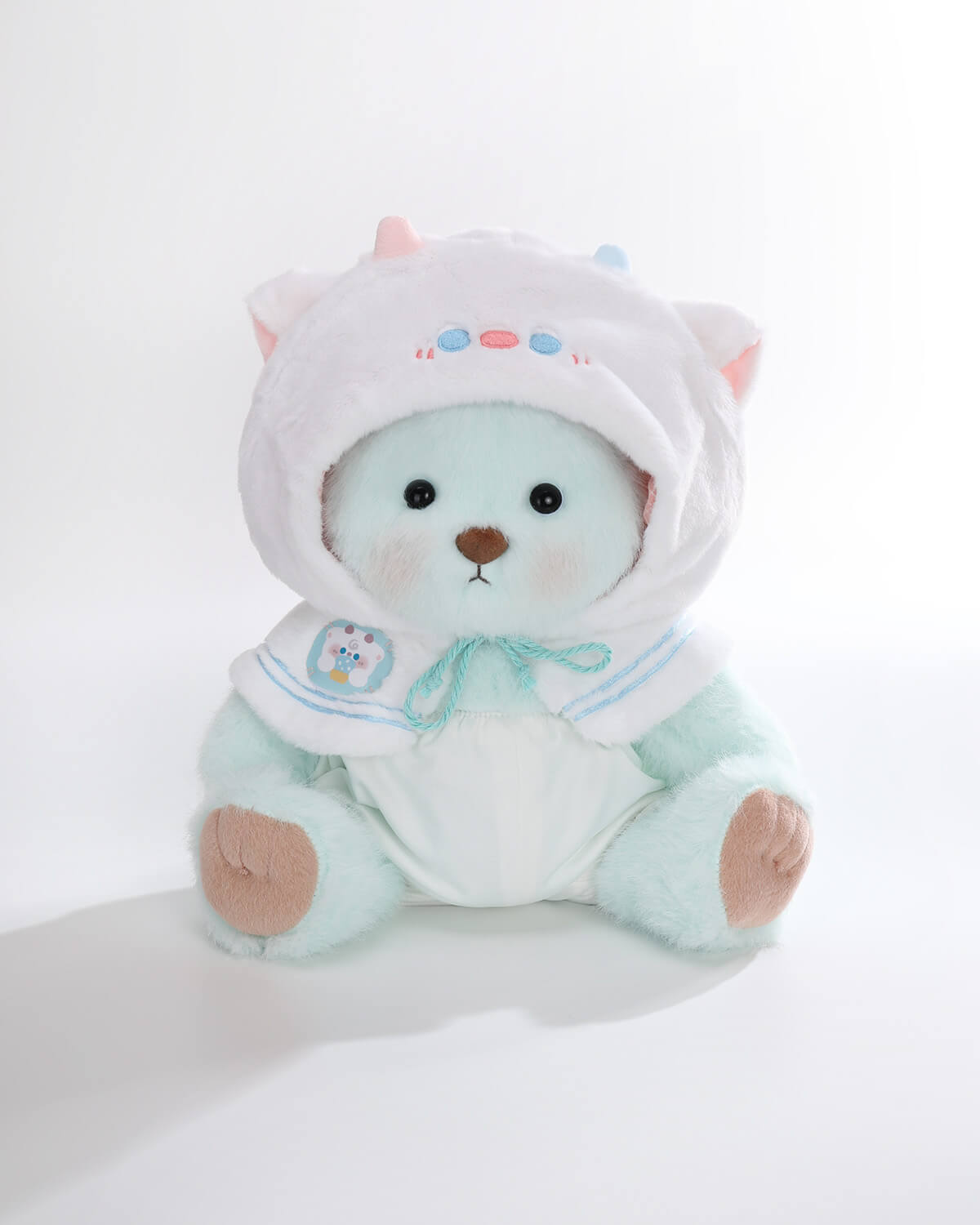 Mint Blue Long Hair Bear & White Sheep Cape - 12 Inches