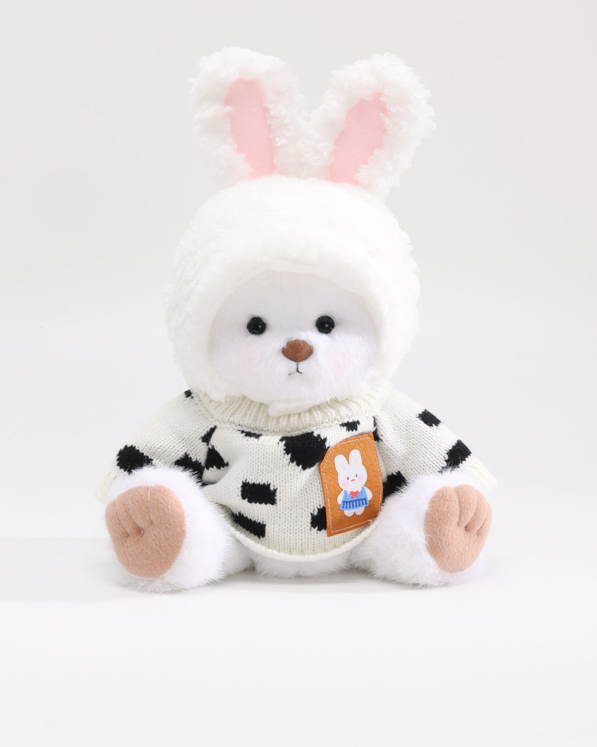 White Long Hair Bear & Cream Bunny Hat Cow Sweater Set of 2 - 12 Inches