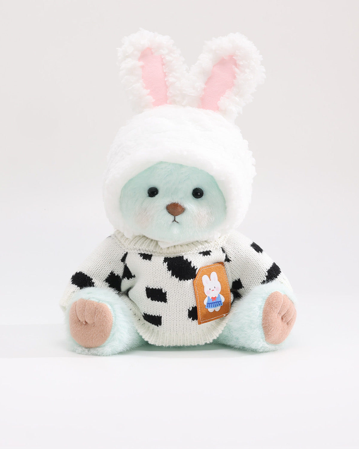 Mint Blue Long Hair Bear & Cream Bunny Hat Cow Sweater Set of 2 - 12 Inches