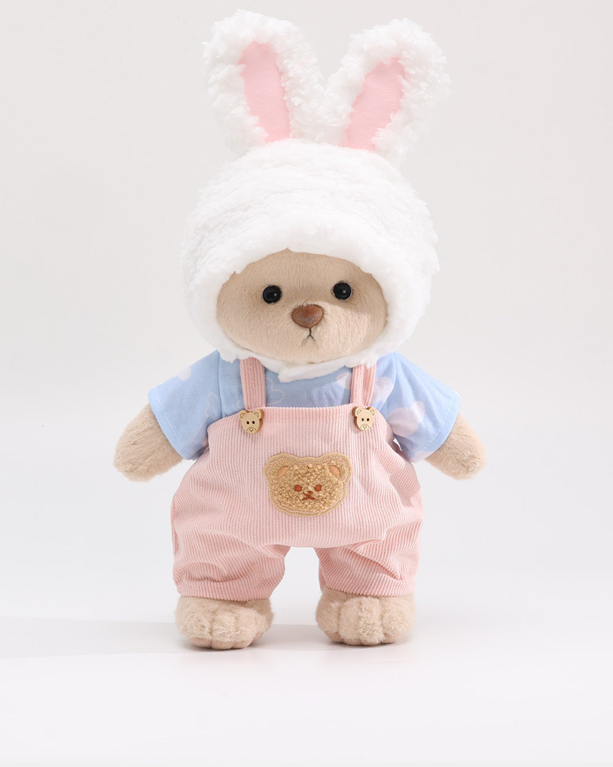Teddy Bear & Cream Bunny Hat Pink Overalls Set of 3 - 12 Inches