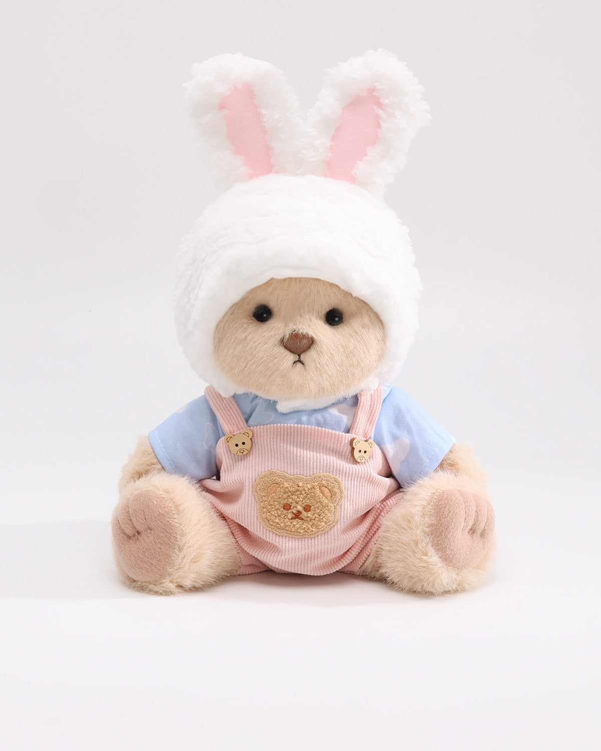 Milk Tea Long Hair Bear & Cream Bunny Hat Pink Overalls Set of 3 - 12 Inches