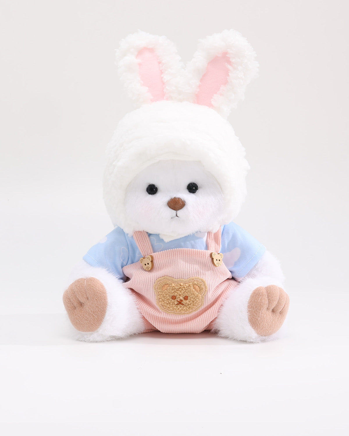 White Long Hair Bear & Cream Bunny Hat Pink Overalls Set of 3 - 12 Inches