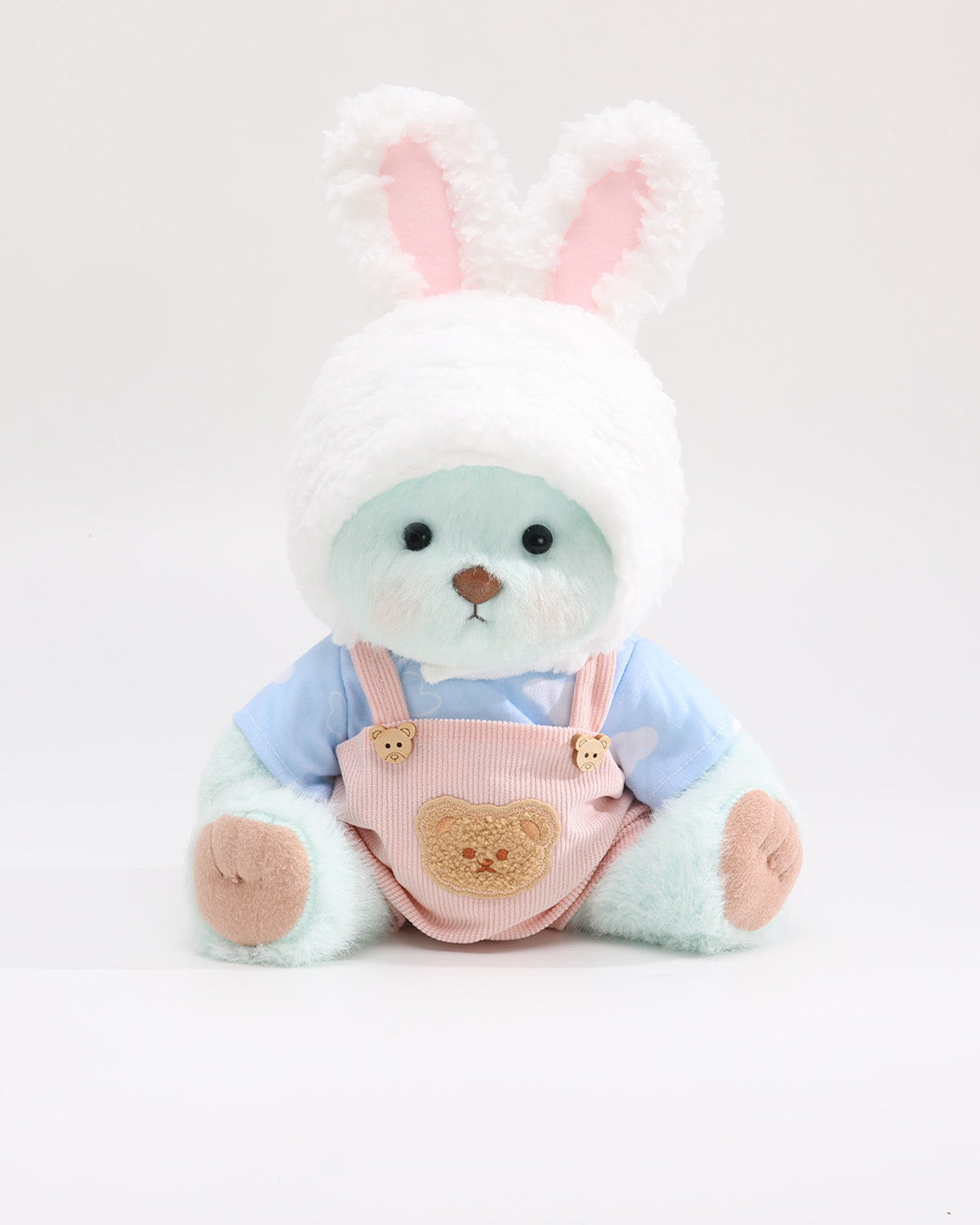 Mint Blue Long Hair Bear & Cream Bunny Hat Pink Overalls Set of 3 - 12 Inches