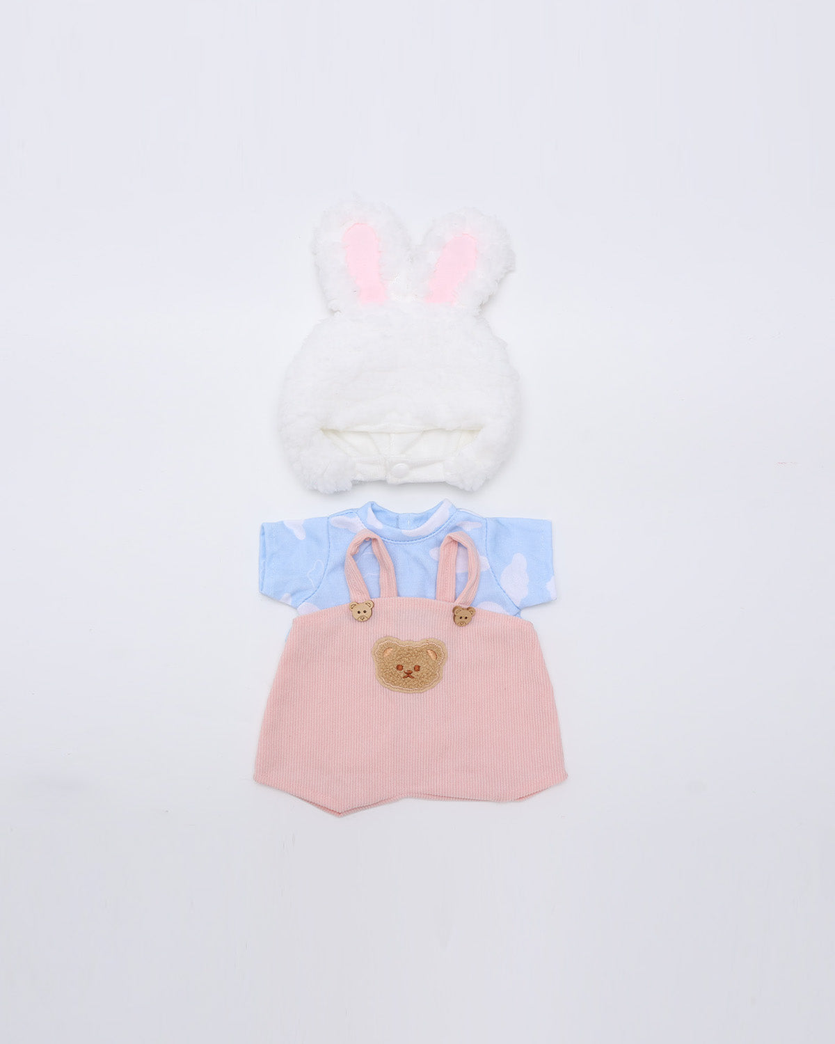 Cream Bunny Hat Pink Overalls Set of 3 - 12 Inches