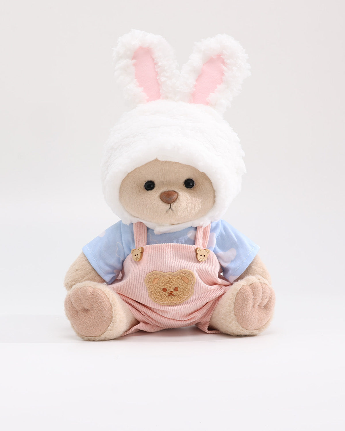 Teddy Bear & Cream Bunny Hat Pink Overalls Set of 3 - 12 Inches