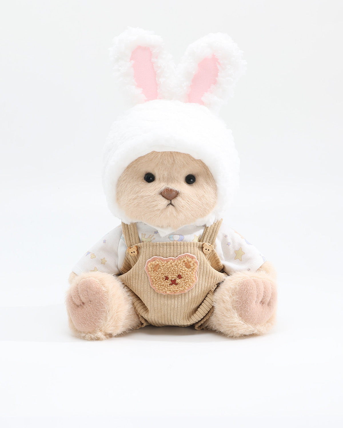 Milk Tea Long Hair Bear & Cream Bunny Hat Brown Overalls Set of 3 - 12 Inches
