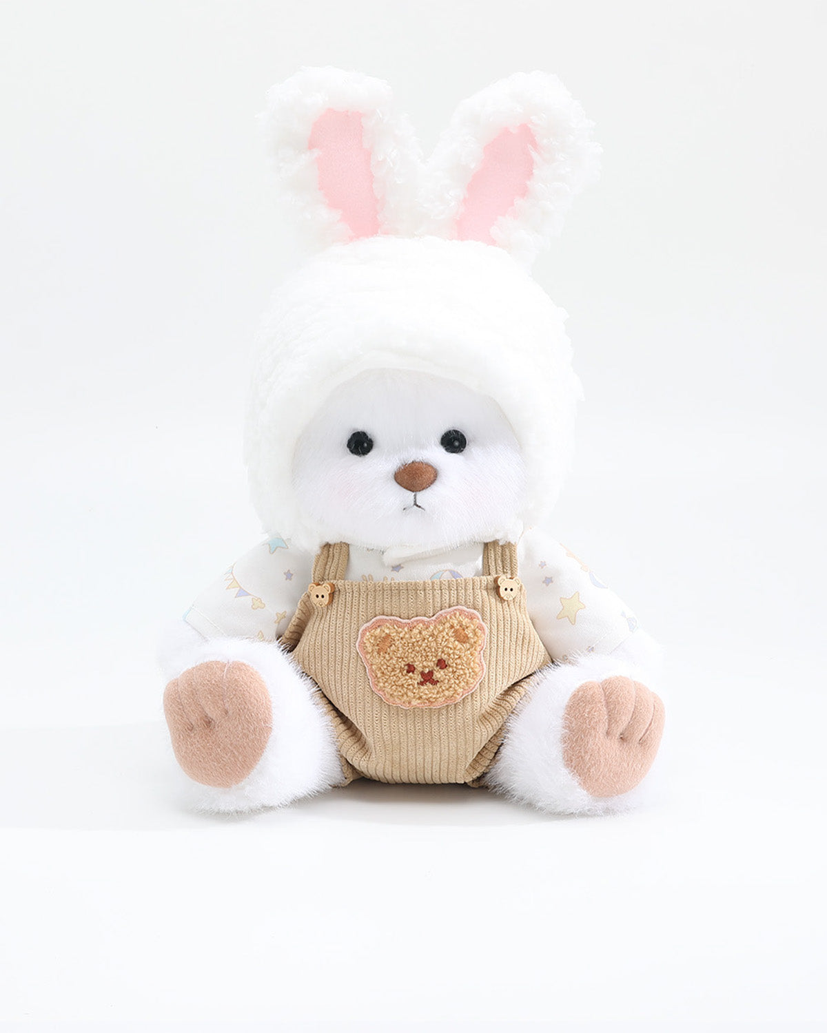 White Long Hair Bear & Cream Bunny Hat Brown Overalls Set of 3 - 12 Inches