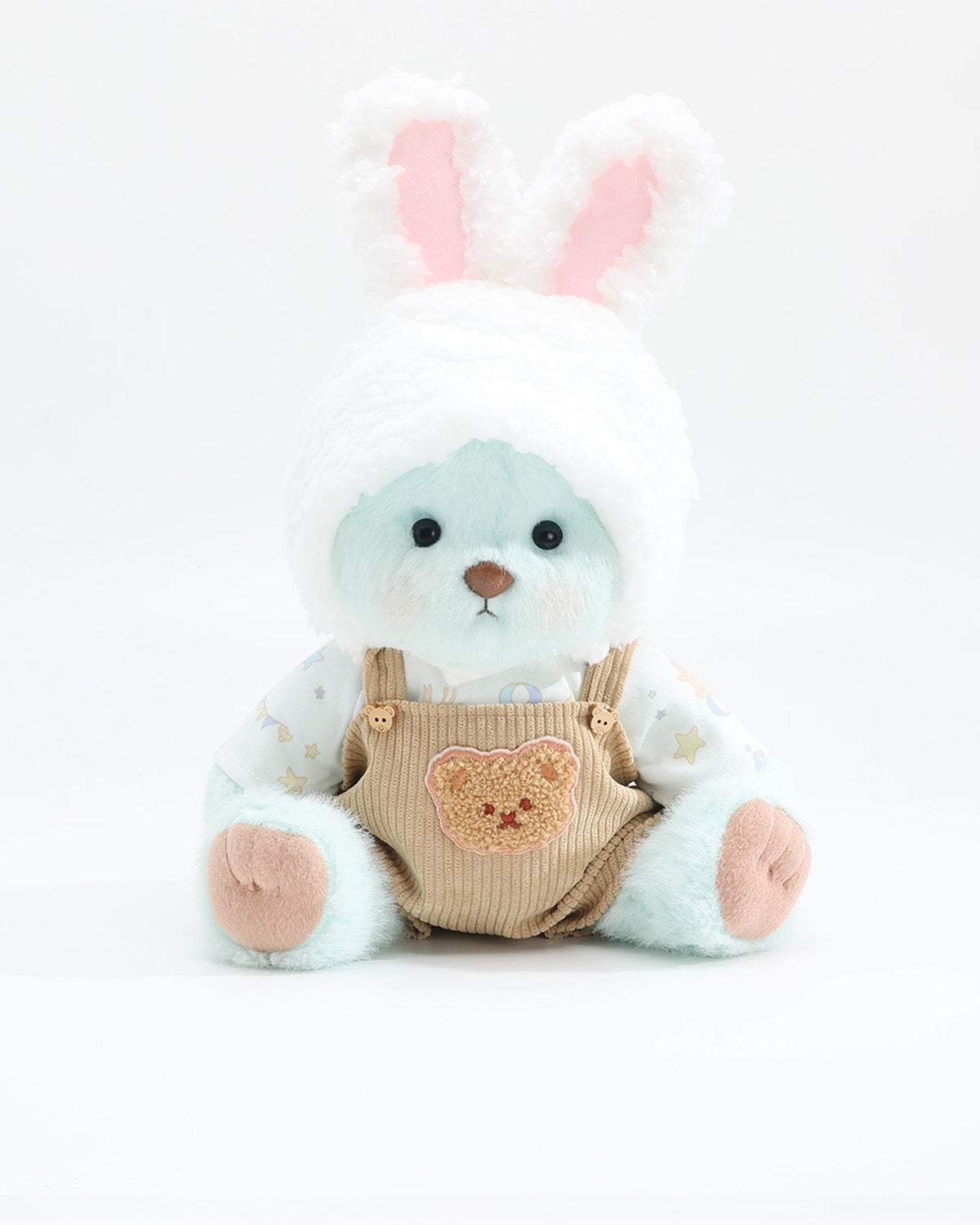 Mint Blue Long Hair Bear & Cream Bunny Hat Brown Overalls Set of 3 - 12 Inches
