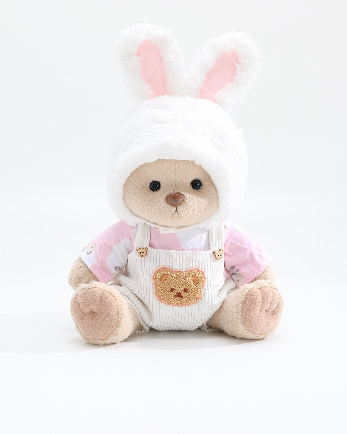 Teddy Bear & Cream Bunny Hat White Overalls Set of 3 - 12 Inches