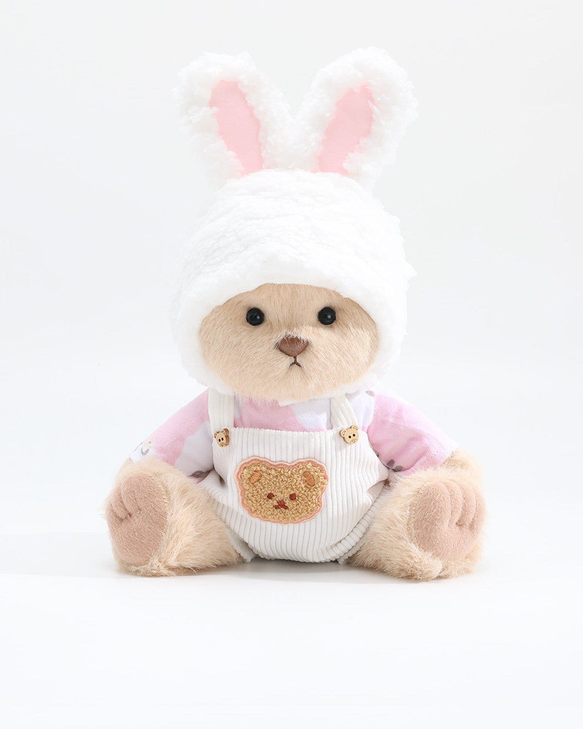 Milk Tea Long Hair Bear & Cream Bunny Hat White Overalls Set of 3 - 12 Inches