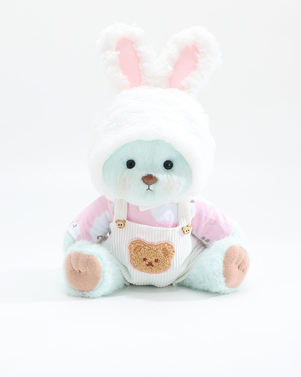 Mint Blue Long Hair Bear & Cream Bunny Hat White Overalls Set of 3 - 12 Inches