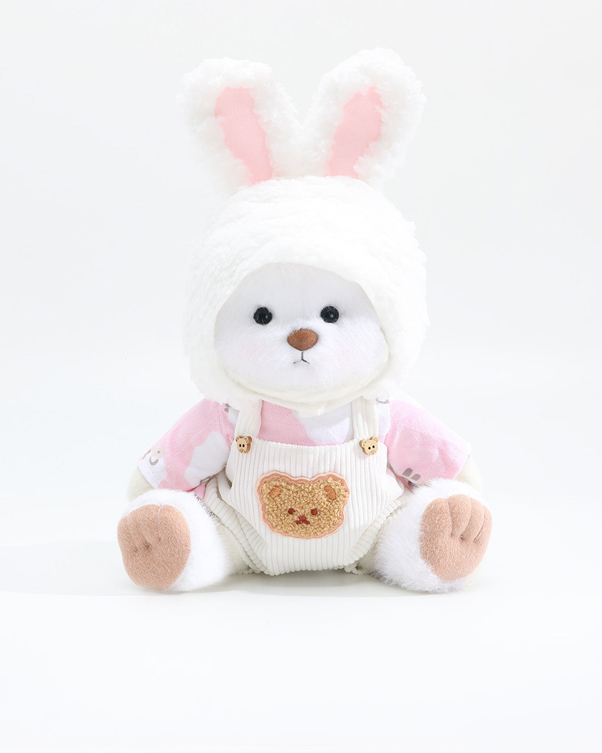White Long Hair Bear & Cream Bunny Hat White Overalls Set of 3 - 12 Inches