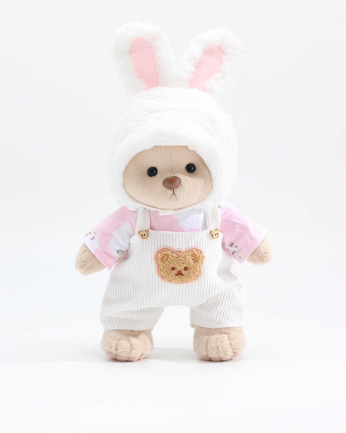 Teddy Bear & Cream Bunny Hat White Overalls Set of 3 - 12 Inches