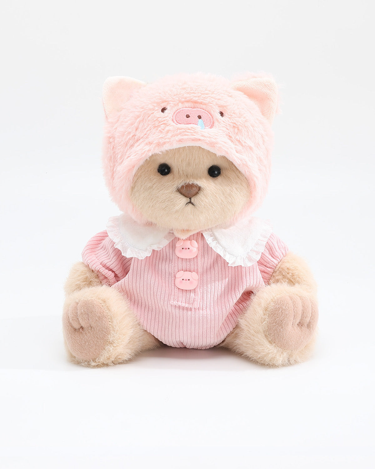 Milk Tea Long Hair Bear & Pink Snot Piggy Ruffle Jumpsuit Set of 2 - 12 Inches
