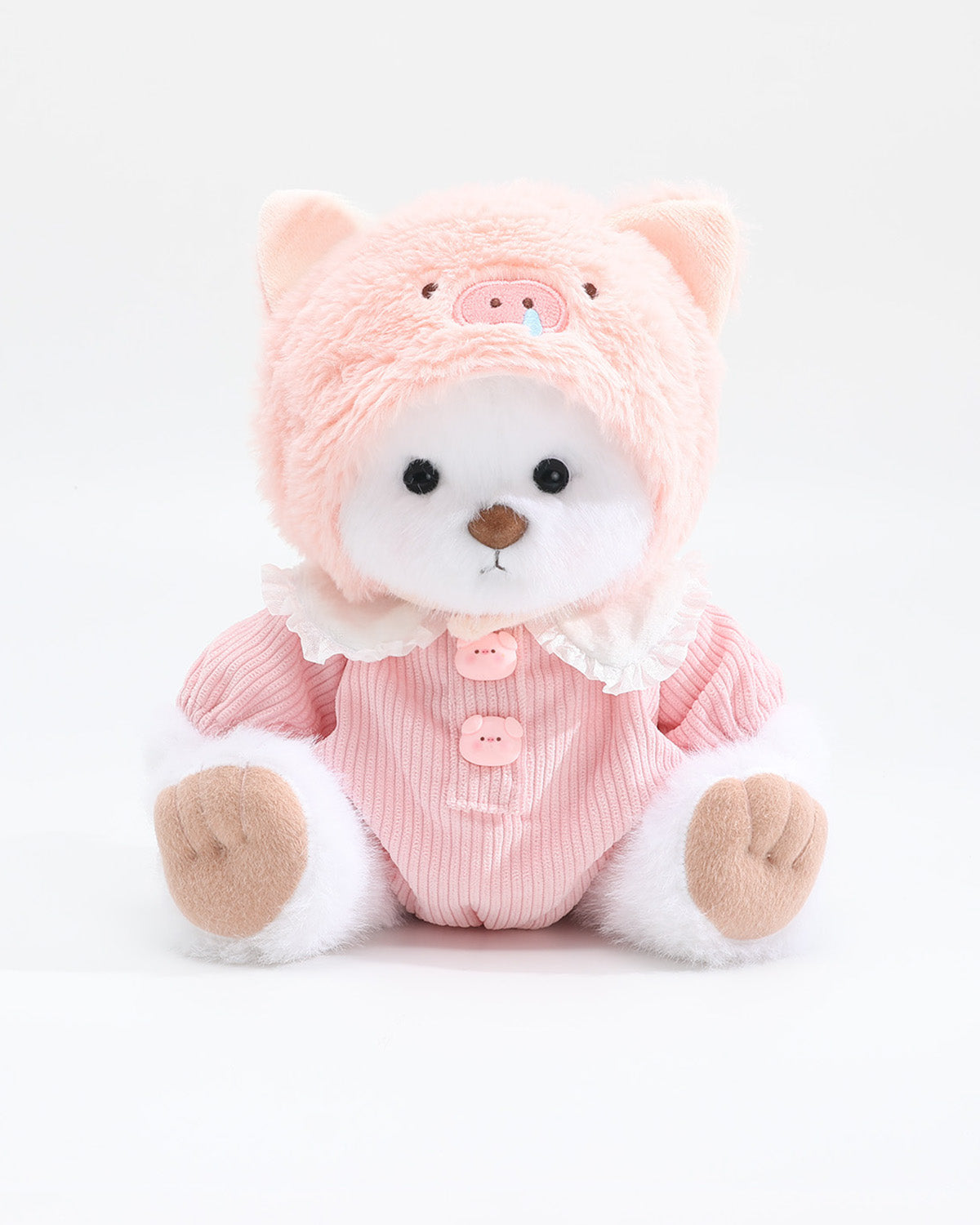 White Long Hair Bear & Pink Snot Piggy Ruffle Jumpsuit Set of 2 - 12 Inches