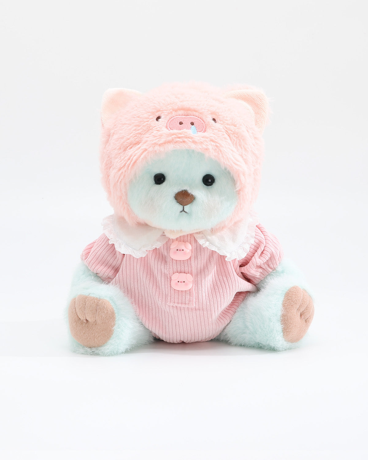 Mint Blue Long Hair Bear & Pink Snot Piggy Ruffle Jumpsuit Set of 2 - 12 Inches