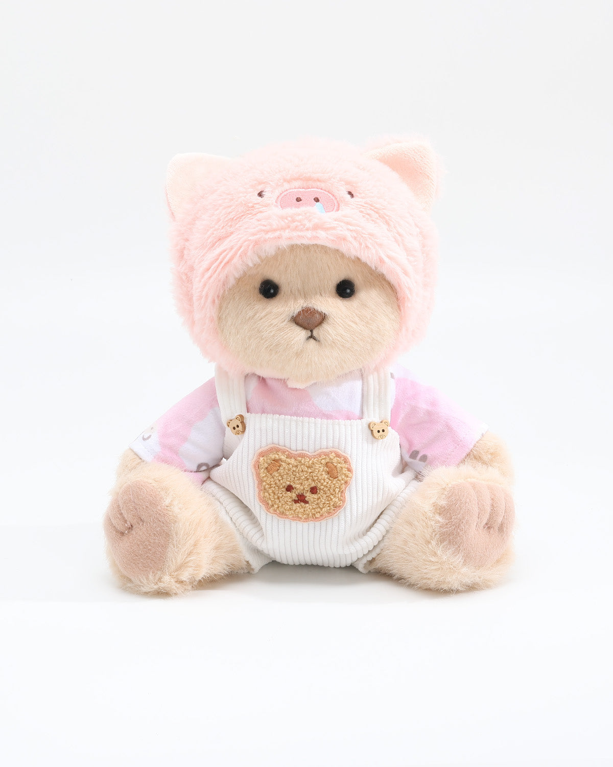 Milk Tea Long Hair Bear & Pink Snot Piggy White Overalls Set of 3 - 12 Inches