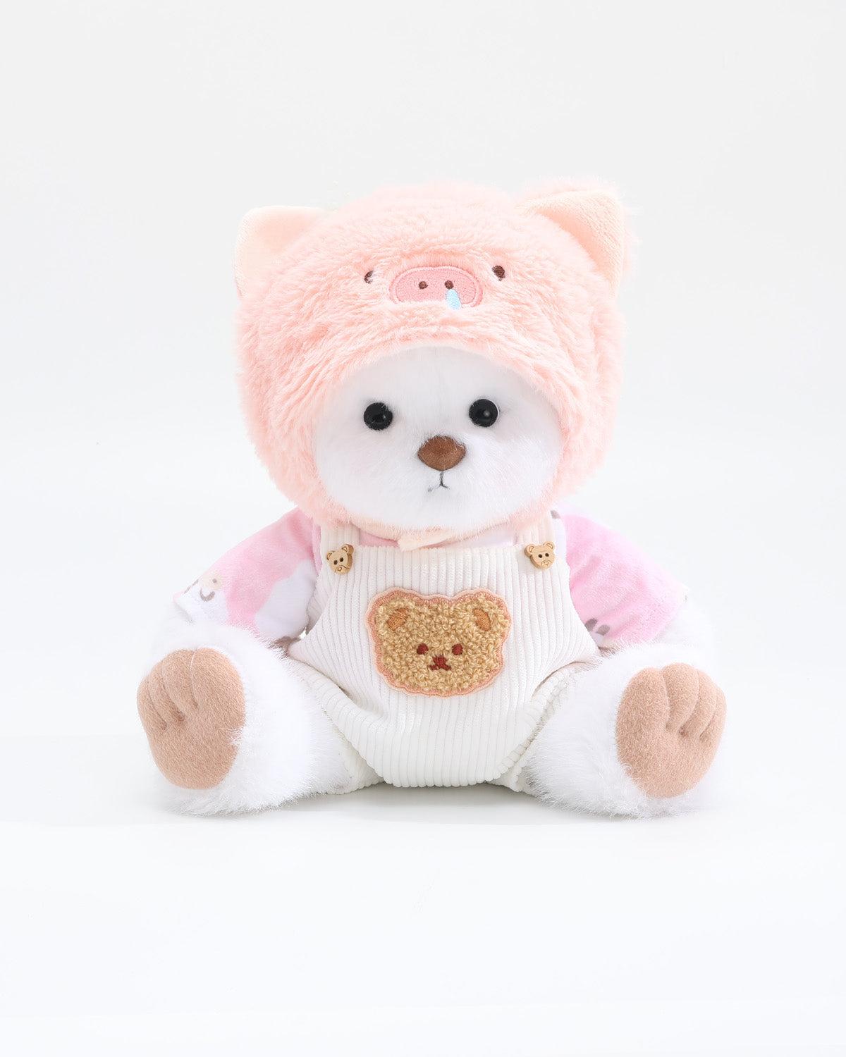 White Long Hair Bear & Pink Snot Piggy White Overalls Set of 3 - 12 Inches
