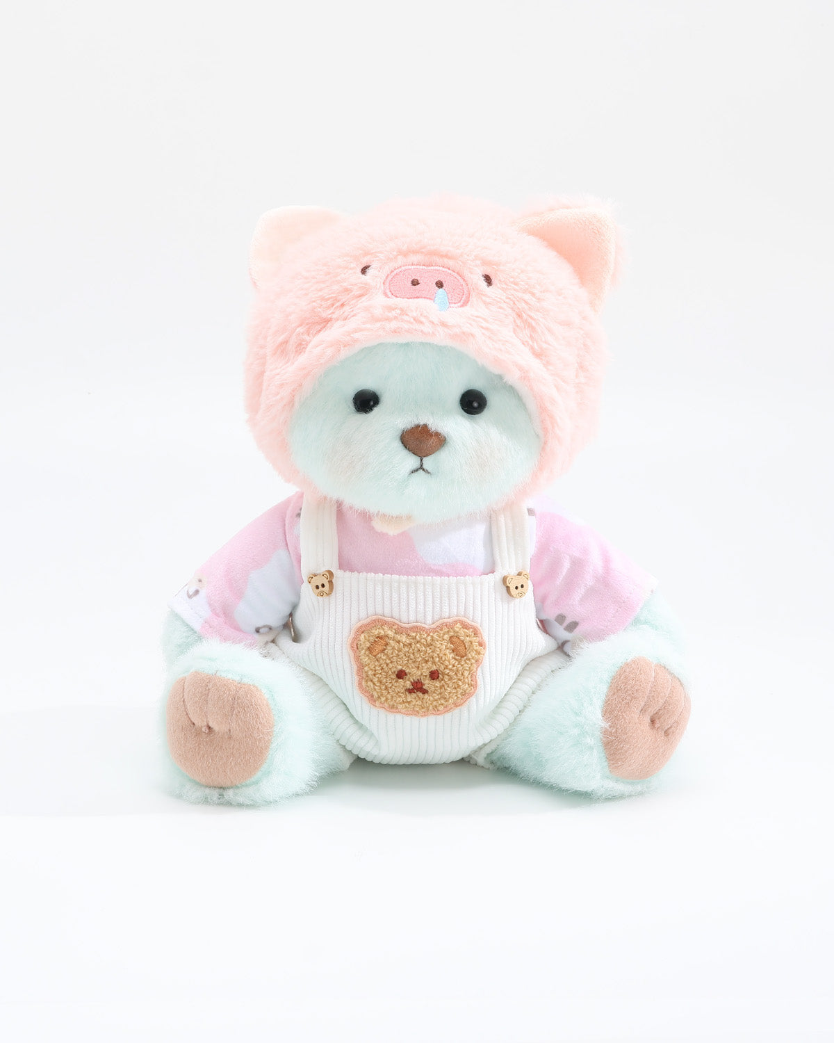 Mint Blue Long Hair Bear & Pink Snot Piggy White Overalls Set of 3 - 12 Inches