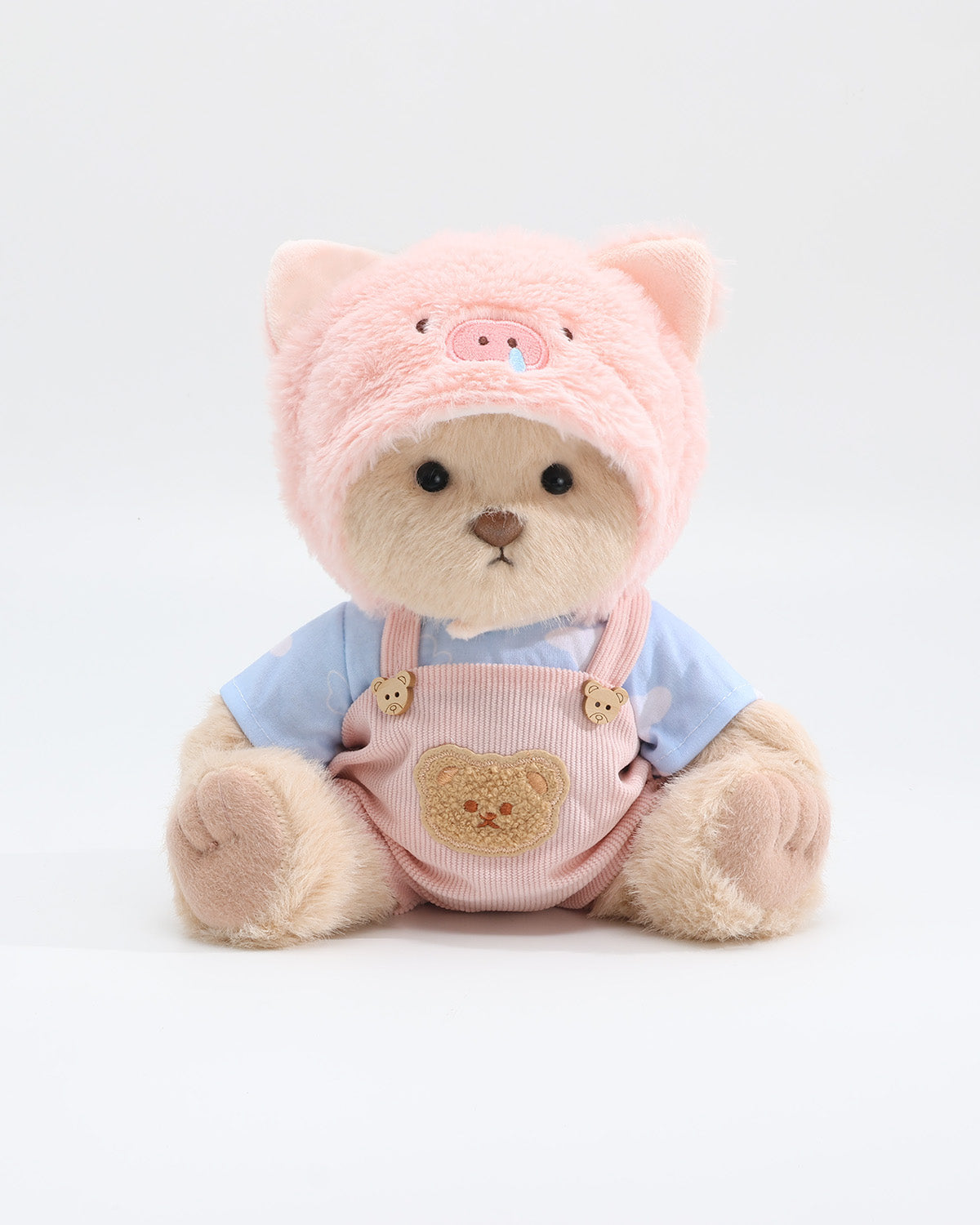 Milk Tea Long Hair Bear & Pink Snot Piggy Pink Overalls Set of 3 - 12 Inches