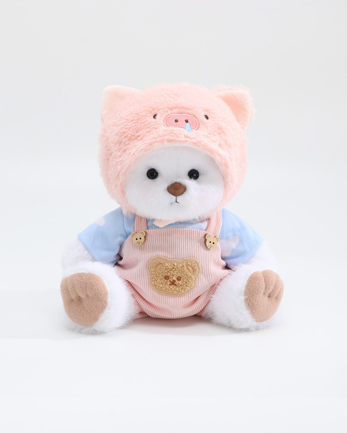 White Long Hair Bear & Pink Snot Piggy Pink Overalls Set of 3 - 12 Inches