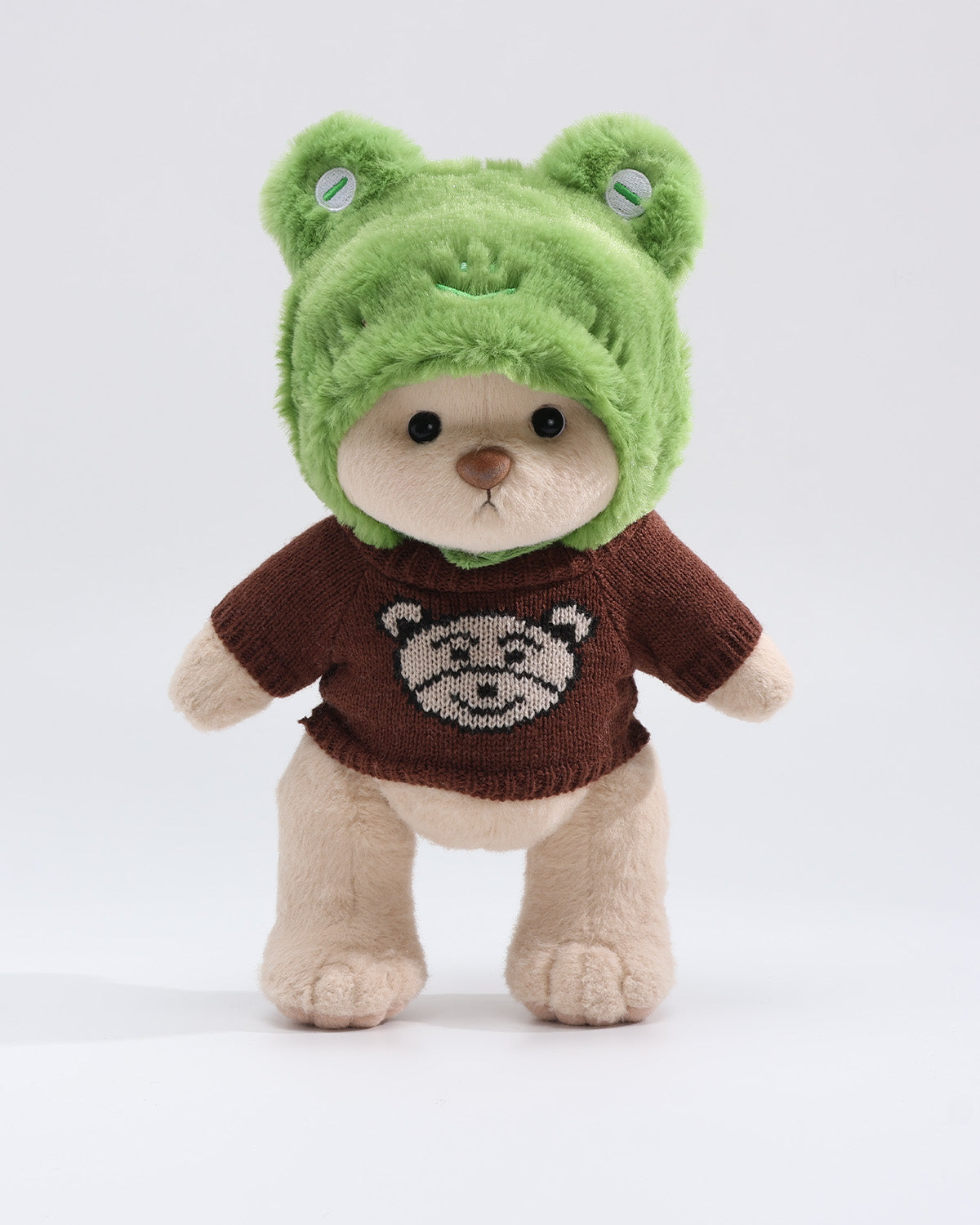 Teddy Bear & Green Frog Hat Brown Bear Sweater Set of 2 - 12 Inches