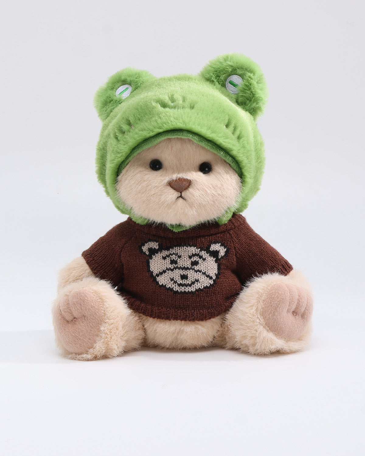 Milk Tea Long Hair Bear & Green Frog Hat Brown Bear Sweater Set of 2 - 12 Inches