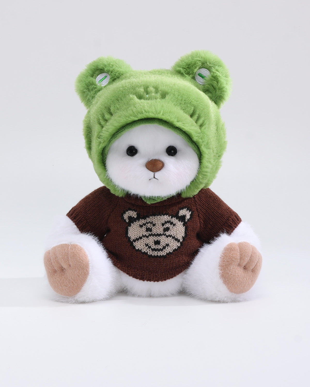 White Long Hair Bear & Green Frog Hat Brown Bear Sweater Set of 2 - 12 Inches