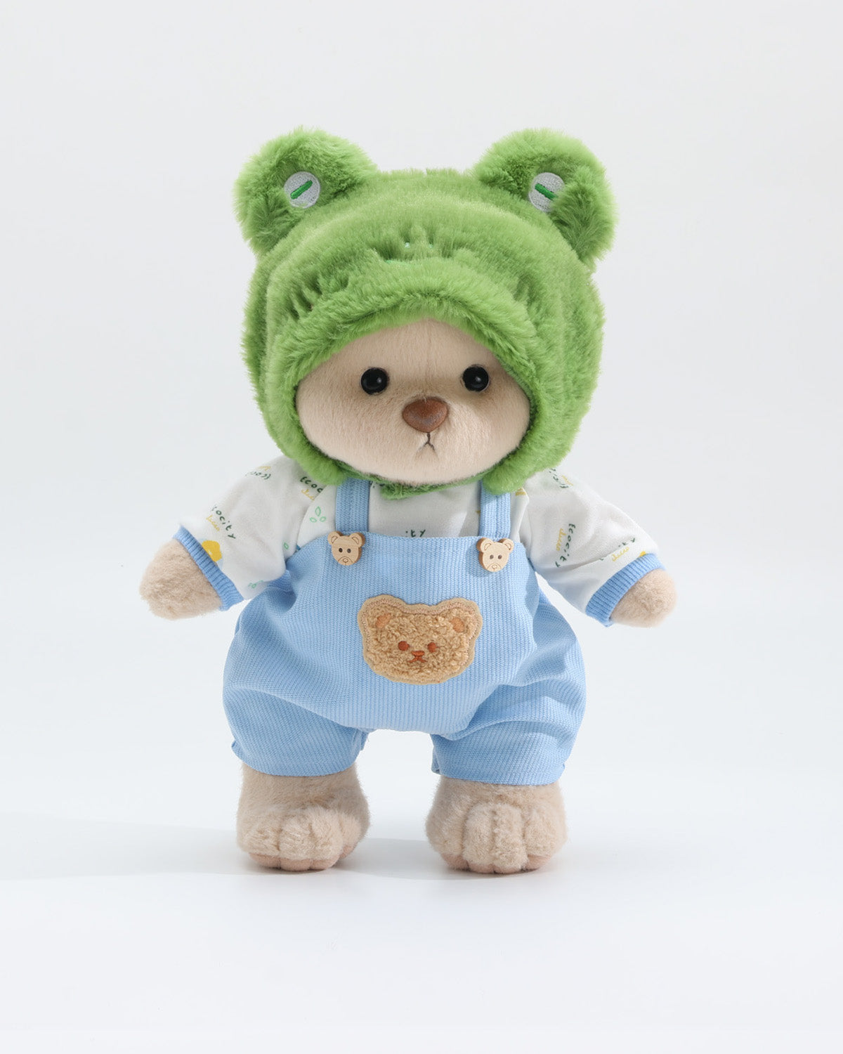 Teddy Bear & Green Frog Hat Blue Overalls Set of 3 - 12 Inches