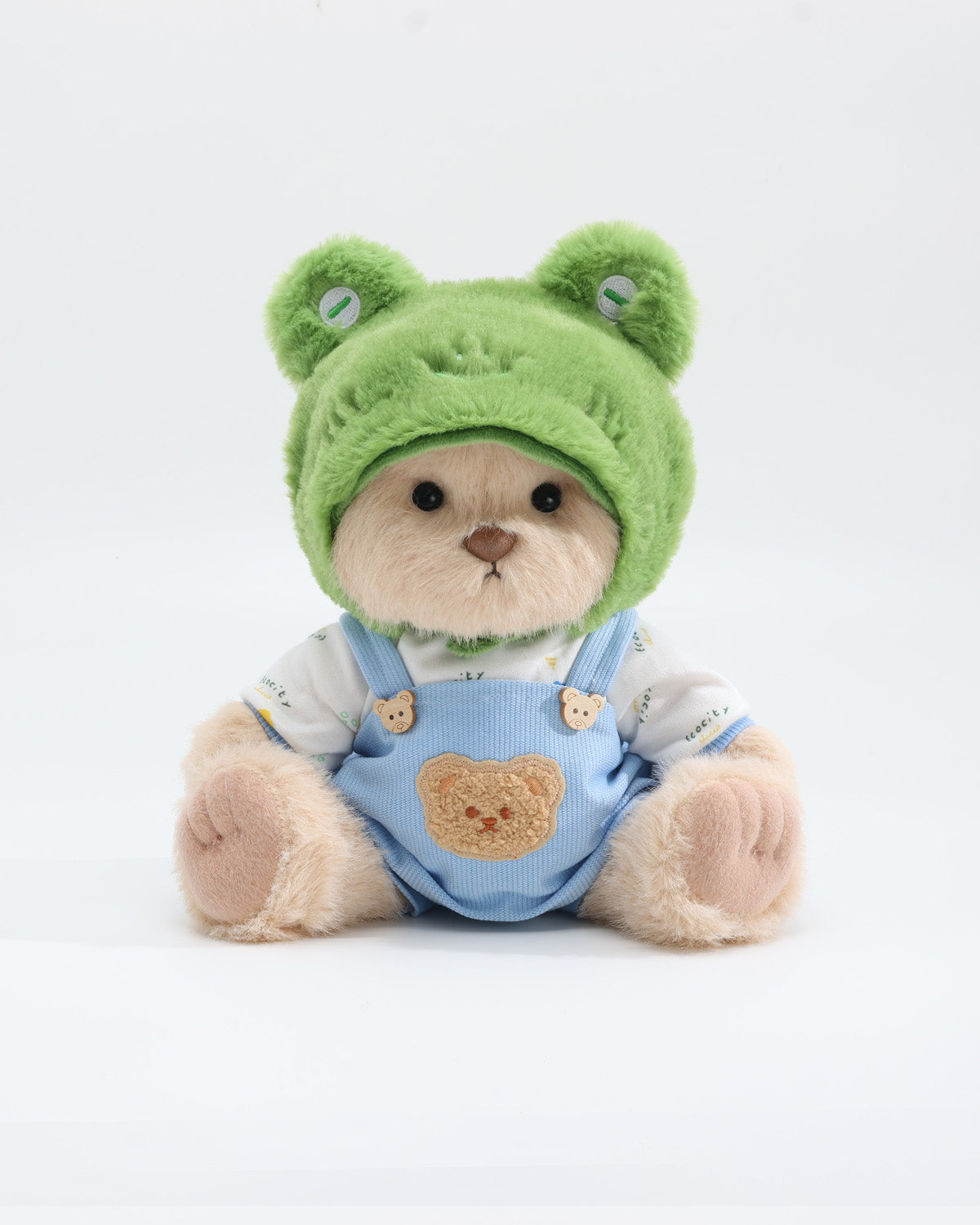 Milk Tea Long Hair Bear & Green Frog Hat Blue Overalls Set of 3 - 12 Inches