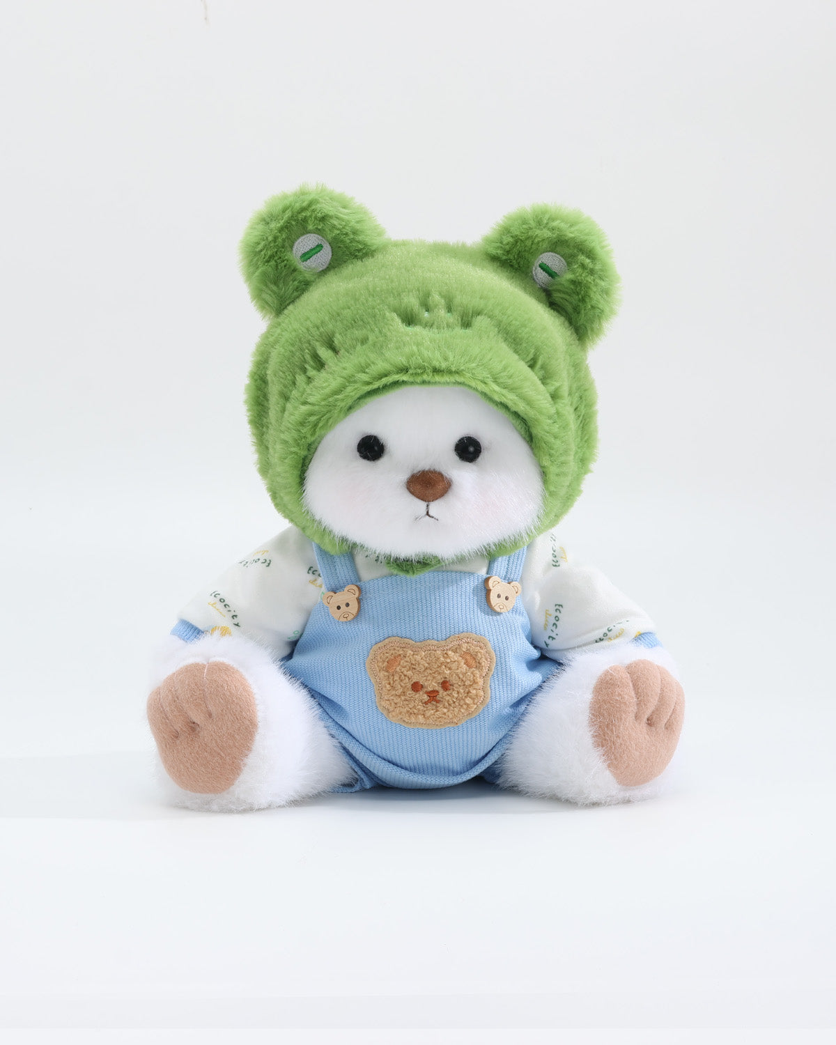 White Long Hair Bear & Green Frog Hat Blue Overalls Set of 3 - 12 Inches