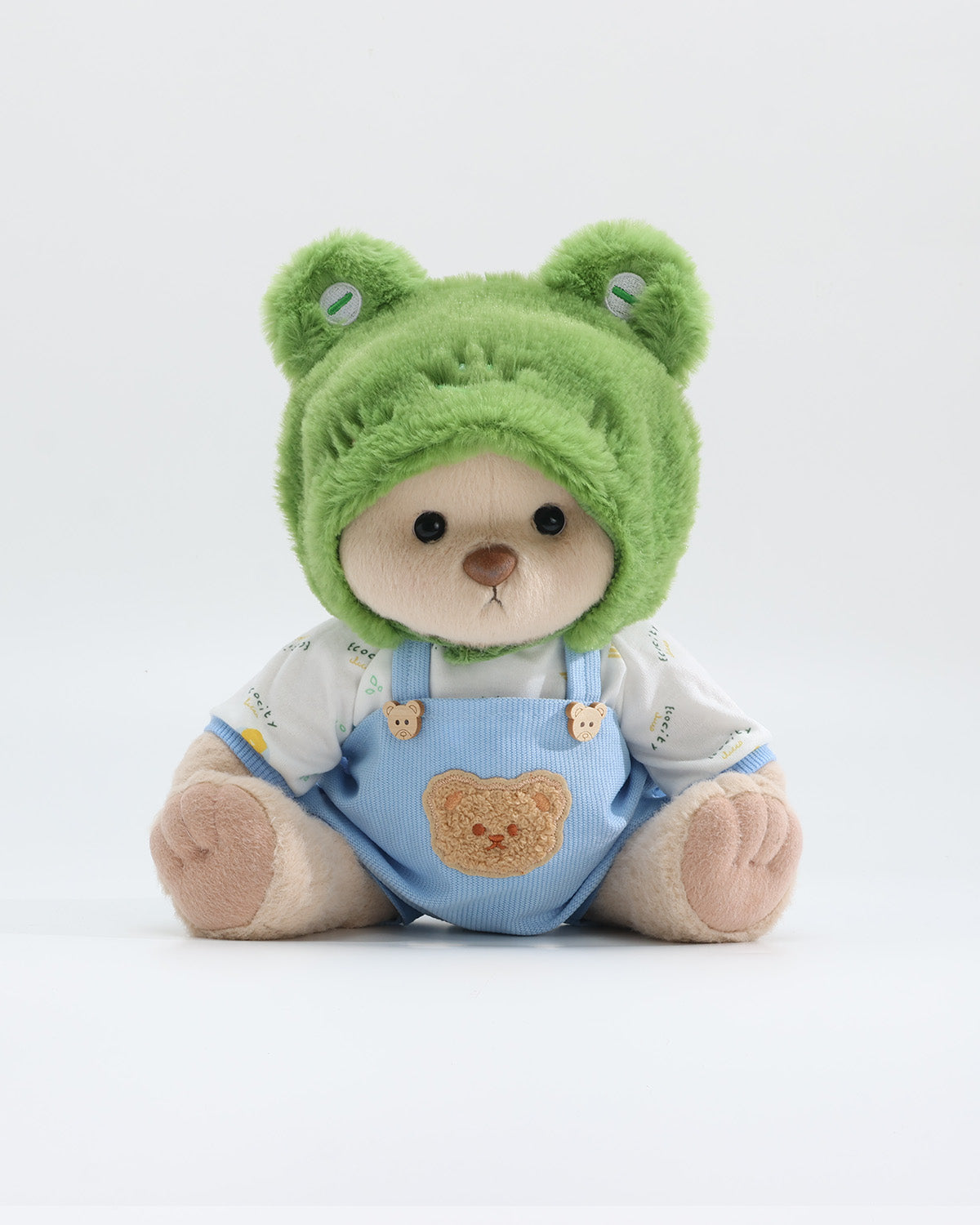 Teddy Bear & Green Frog Hat Blue Overalls Set of 3 - 12 Inches