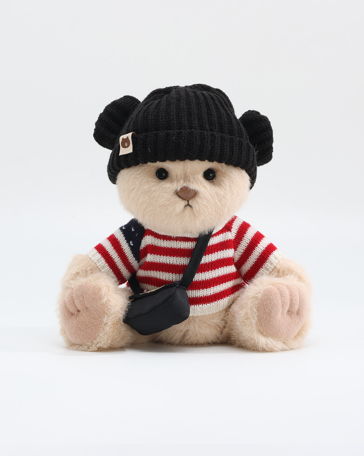 Milk Tea Long Hair Bear & Red Striped Flag Sweater Set of 3 - 12 Inches
