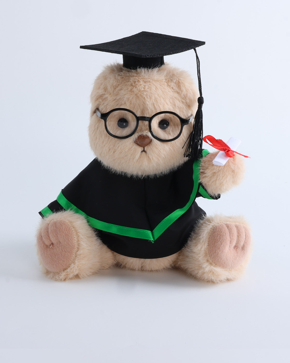 Milk Tea Long Hair Bear & Green Hood Graduation Gown Set of 4 - 12 Inches
