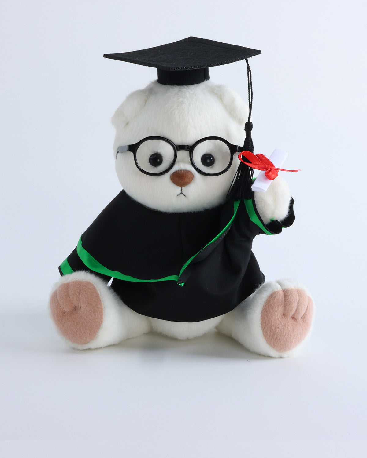 White Short Hair Bear & Green Hood Graduation Gown Set of 4 - 12 Inches
