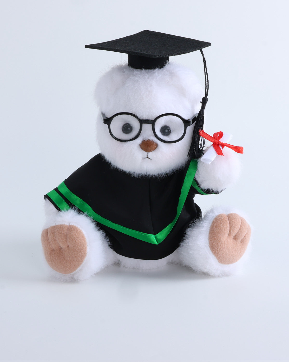 White Long Hair Bear & Green Hood Graduation Gown Set of 4 - 12 Inches