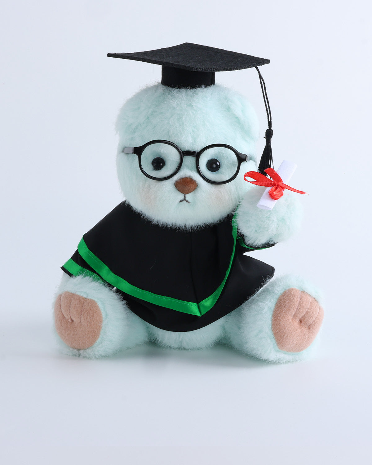 Mint Blue Long Hair Bear & Green Hood Graduation Gown Set of 4 - 12 Inches