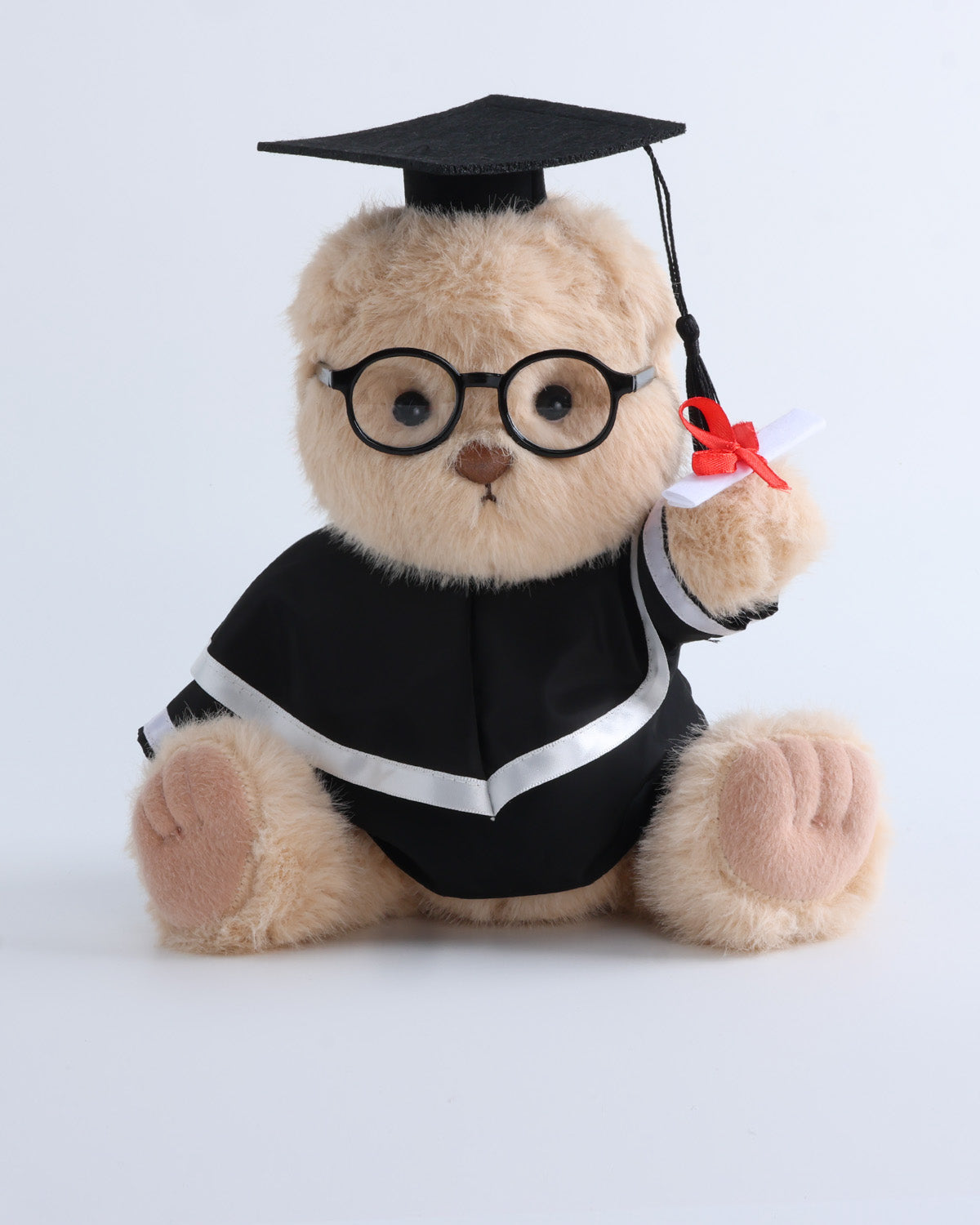 Milk Tea Long Hair Bear & White Hood Graduation Gown Set of 4 - 12 Inches