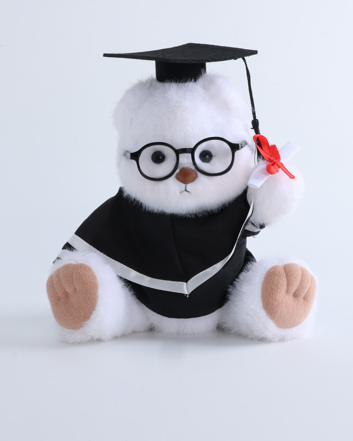White Long Hair Bear & White Hood Graduation Gown Set of 4 - 12 Inches