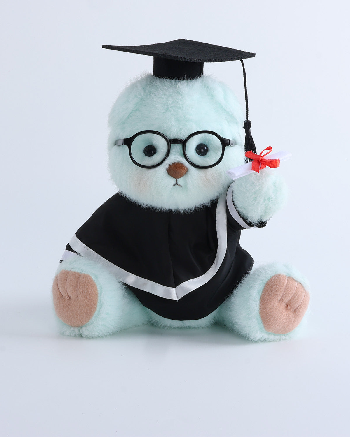 Mint Blue Long Hair Bear & White Hood Graduation Gown Set of 4 - 12 Inches