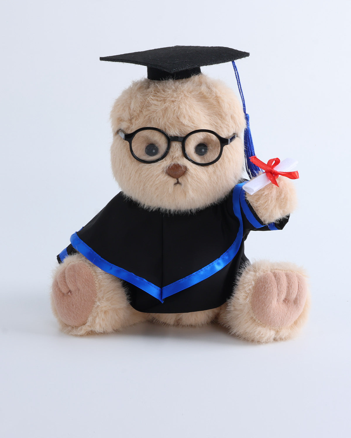 Milk Tea Long Hair Bear & Blue Hood Graduation Gown Set of 4 - 12 Inches