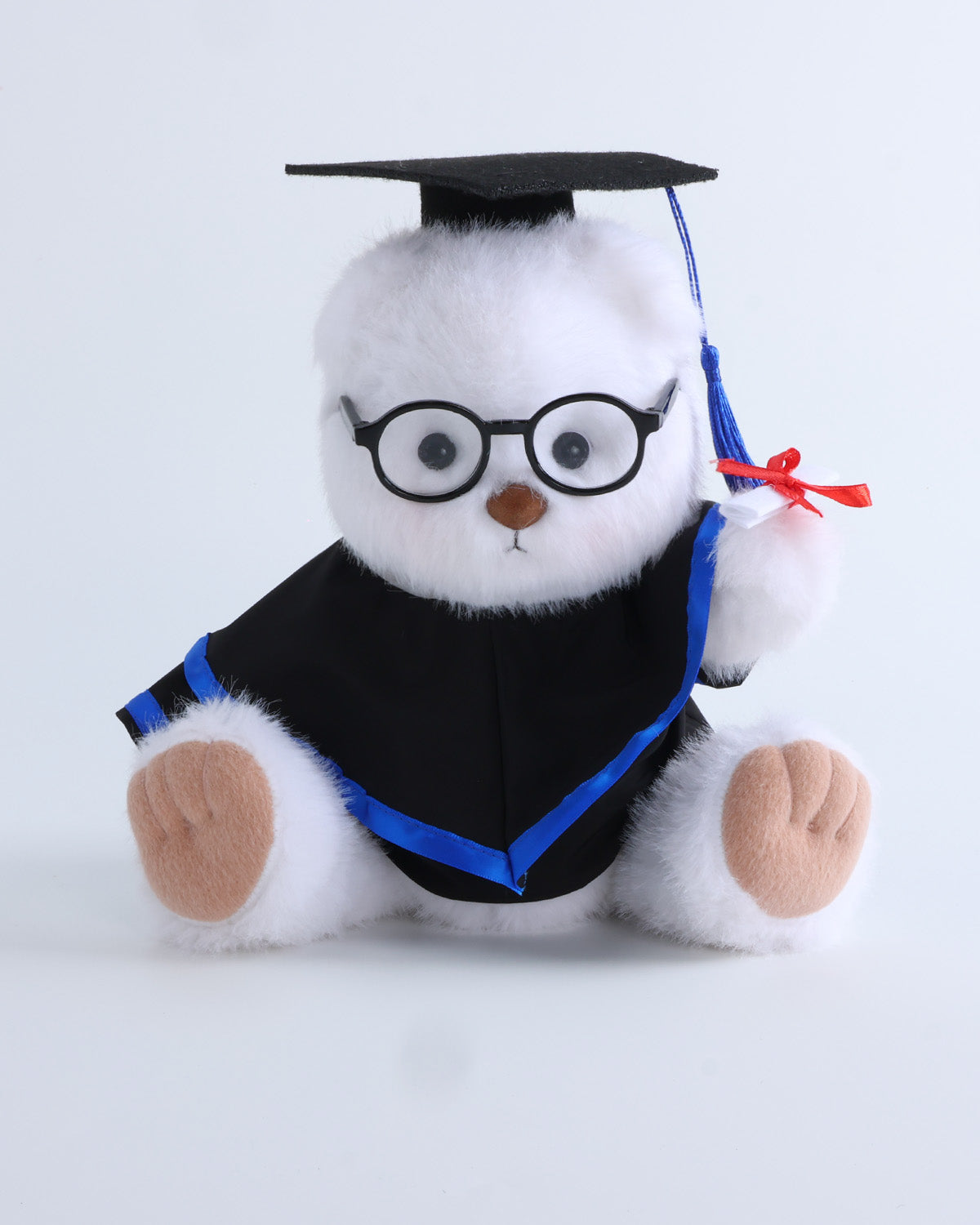 White Long Hair Bear & Blue Hood Graduation Gown Set of 4 - 12 Inches