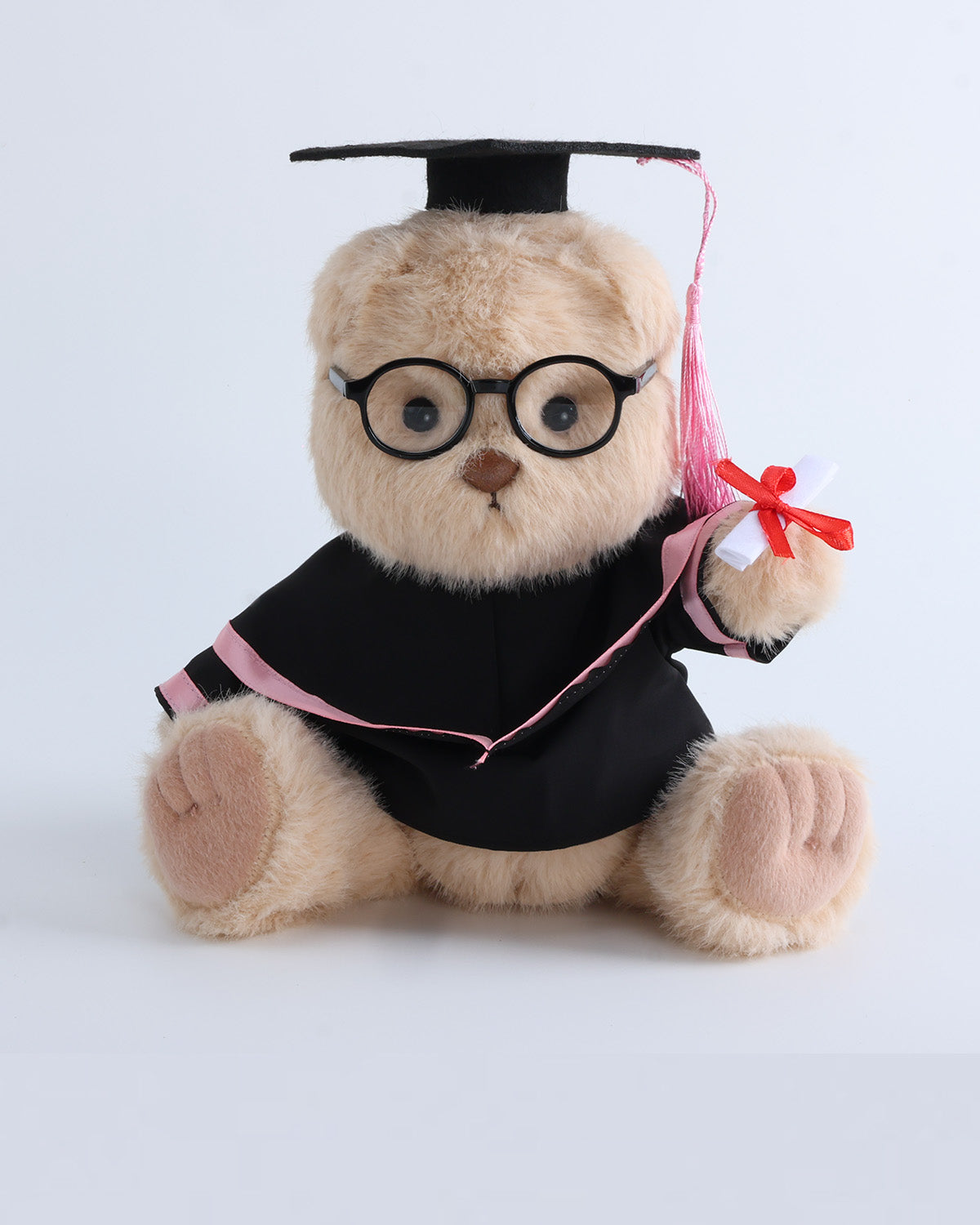 Milk Tea Long Hair Bear & Pink Hood Graduation Gown Set of 4 - 12 Inches