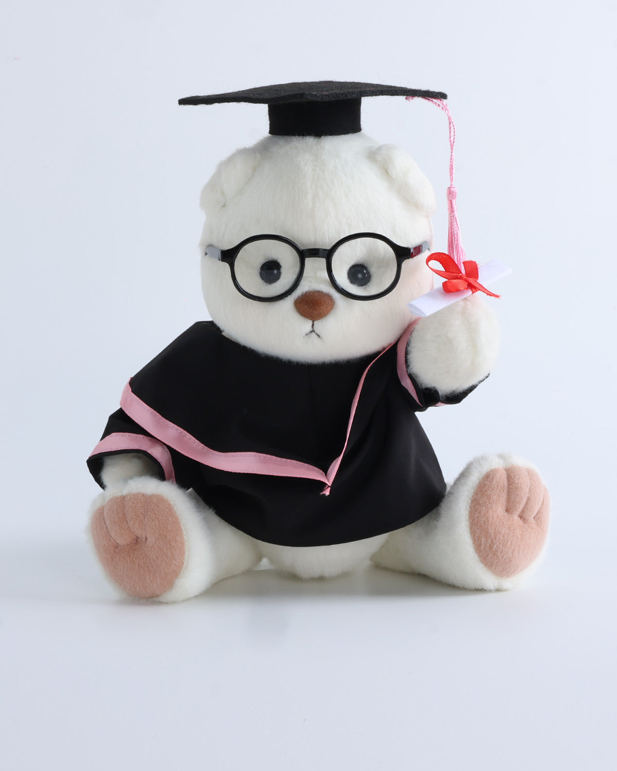 White Short Hair Bear & Pink Hood Graduation Gown Set of 4 - 12 Inches